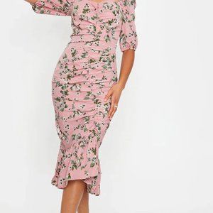 Pink Floral Ruched Midi Dress
